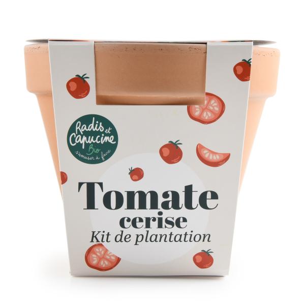 Radis et Capucine - Kit Tomate Cerise Bio - Pot en Terre Cuite - 13 cm - face recto